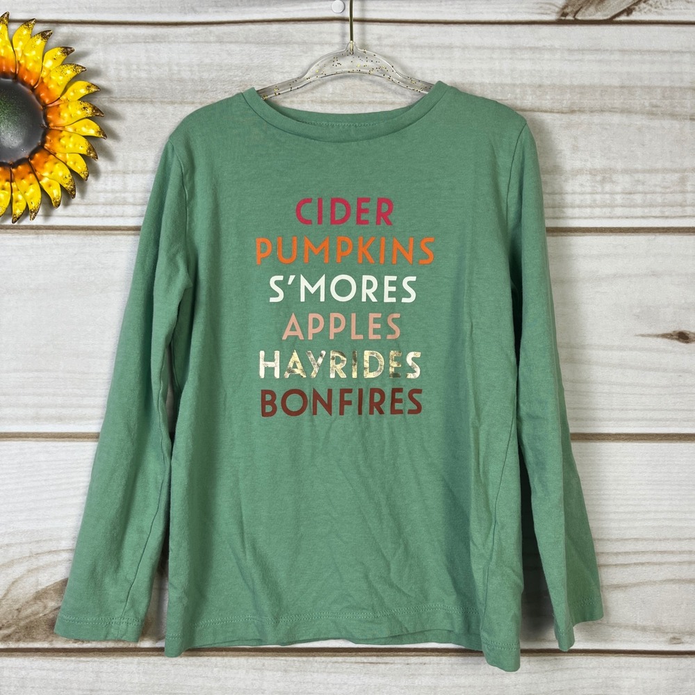 Crewcuts J.Crew Kids XS 4-5 Green Fall Graphic Long Sleeve T-Shirt Cider Pumpkin